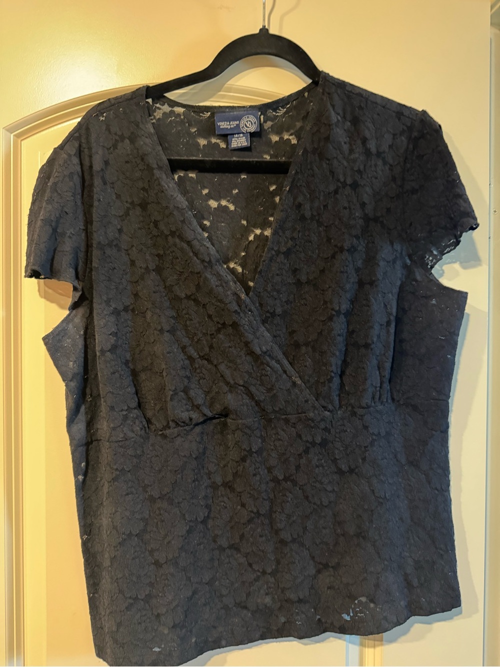 Venezia black Floral Lace Surplice Short Sleeve Top